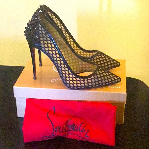 Christian Louboutin , spiked back, black Mesh,Patient Leather, webs (42)”12 🌹🌹 - Picture 4 of 7